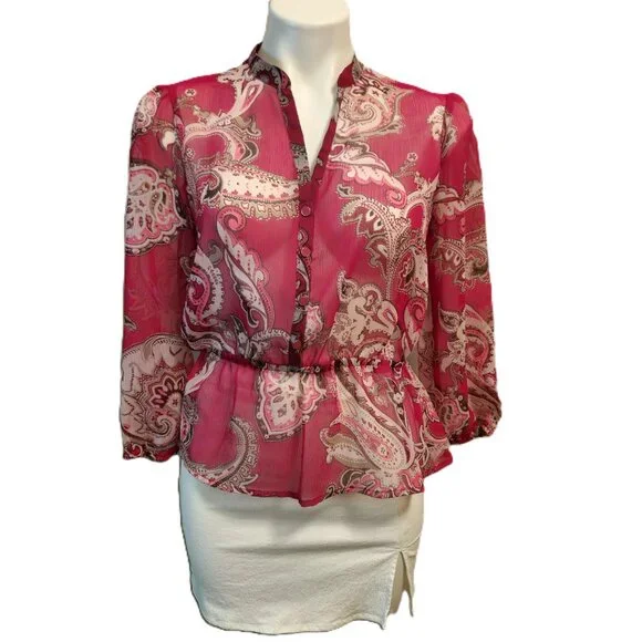 ❤️ 4/$20 New York & Co top Women's XS Sheer chiffon paisley buttons 3/4 sleeve - Picture 2 of 14